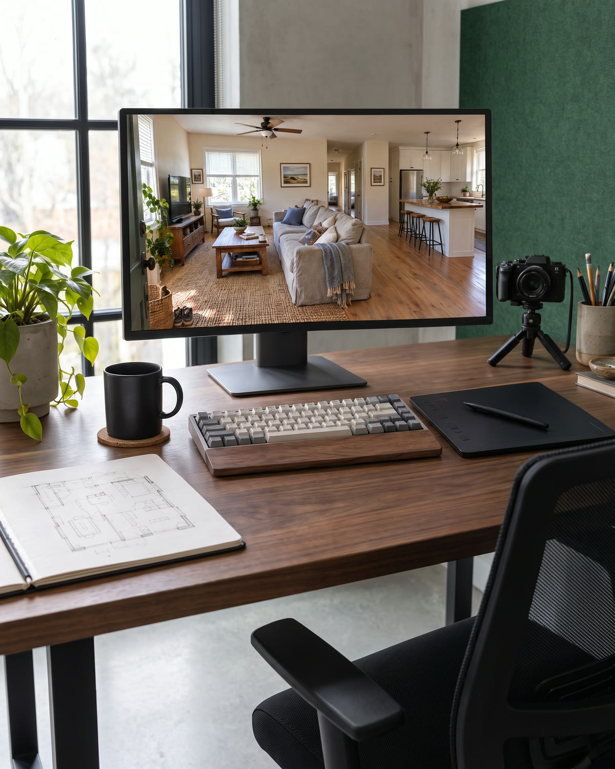 Our editing desk in the studio, with a home walkthrough on screen